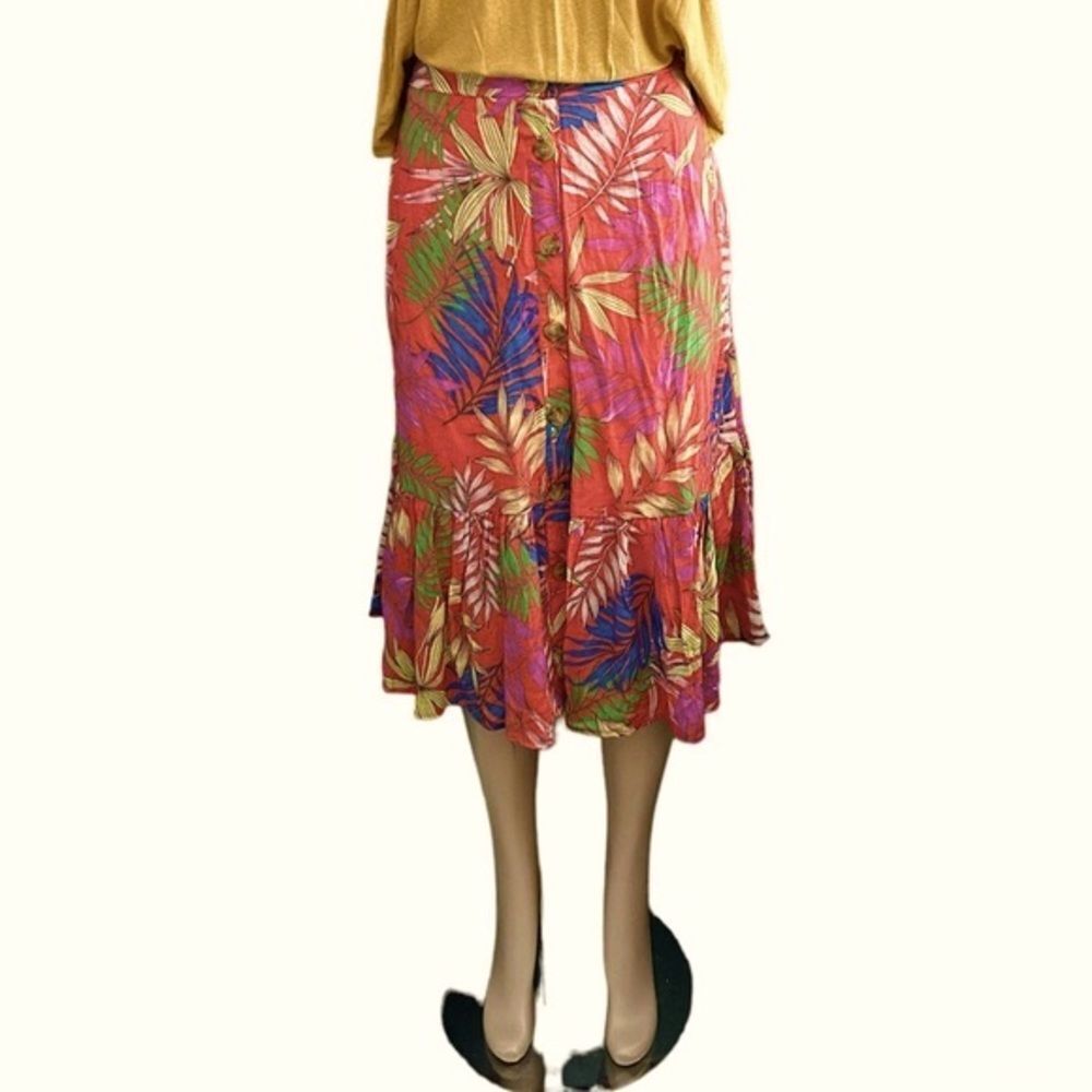 Mlle Gabrielle Tropical Floral Button Down Ruffle Midi Skirt Size XL